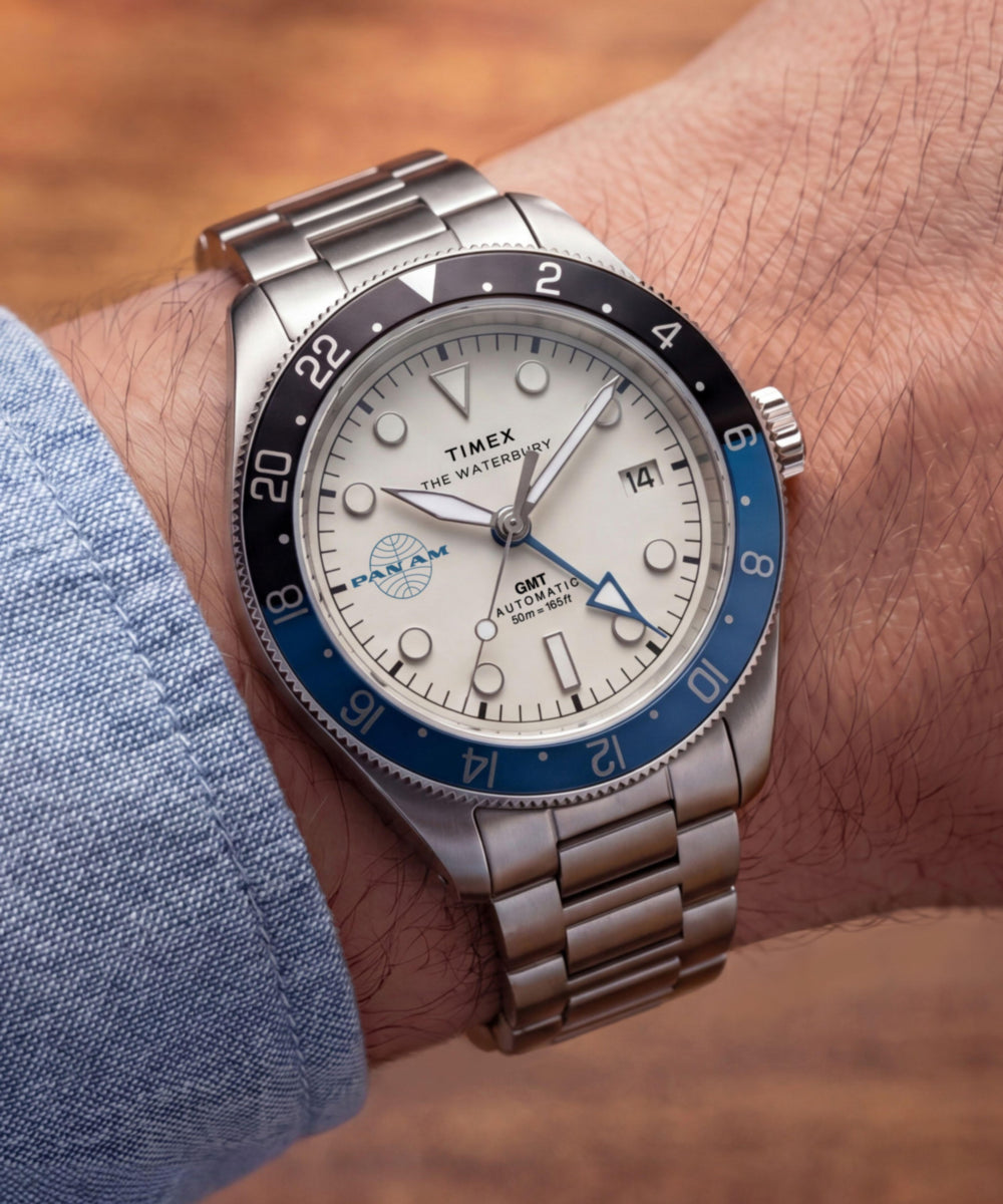 Timex Pan Am x Timex Waterbury Automatic GMT 41.5mm Stainless Steel Bracel