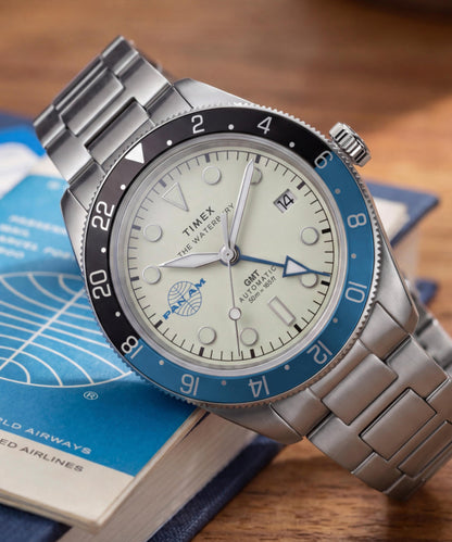 Timex Pan Am x Timex Waterbury Automatic GMT 41.5mm Stainless Steel Bracel