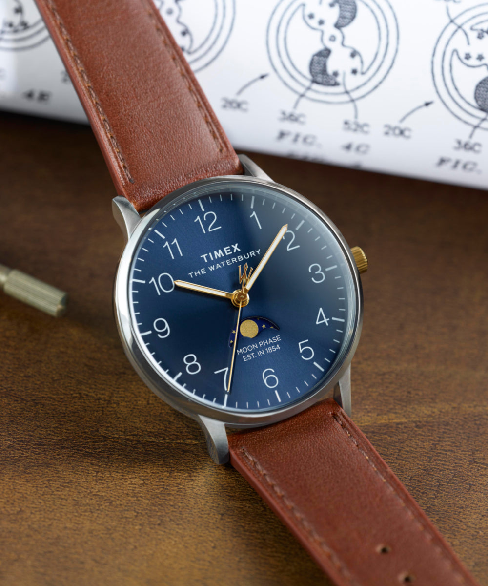 Timex Waterbury Classic Moon Phase 40mm Leather Strap Watch