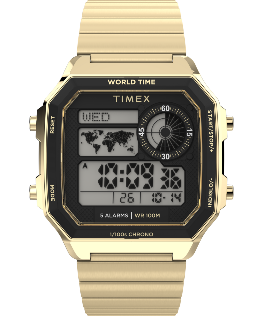 Timex World Time Digital 40mm Stainless Steel Bracelet Watch