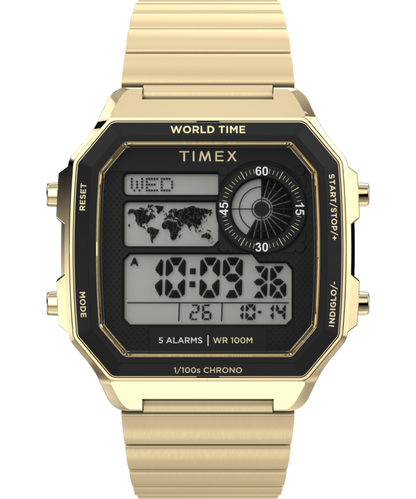 Timex World Time Digital 40mm Stainless Steel Bracelet Watch