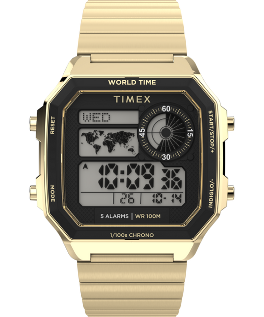 Timex World Time Digital 40mm Stainless Steel Bracelet Watch