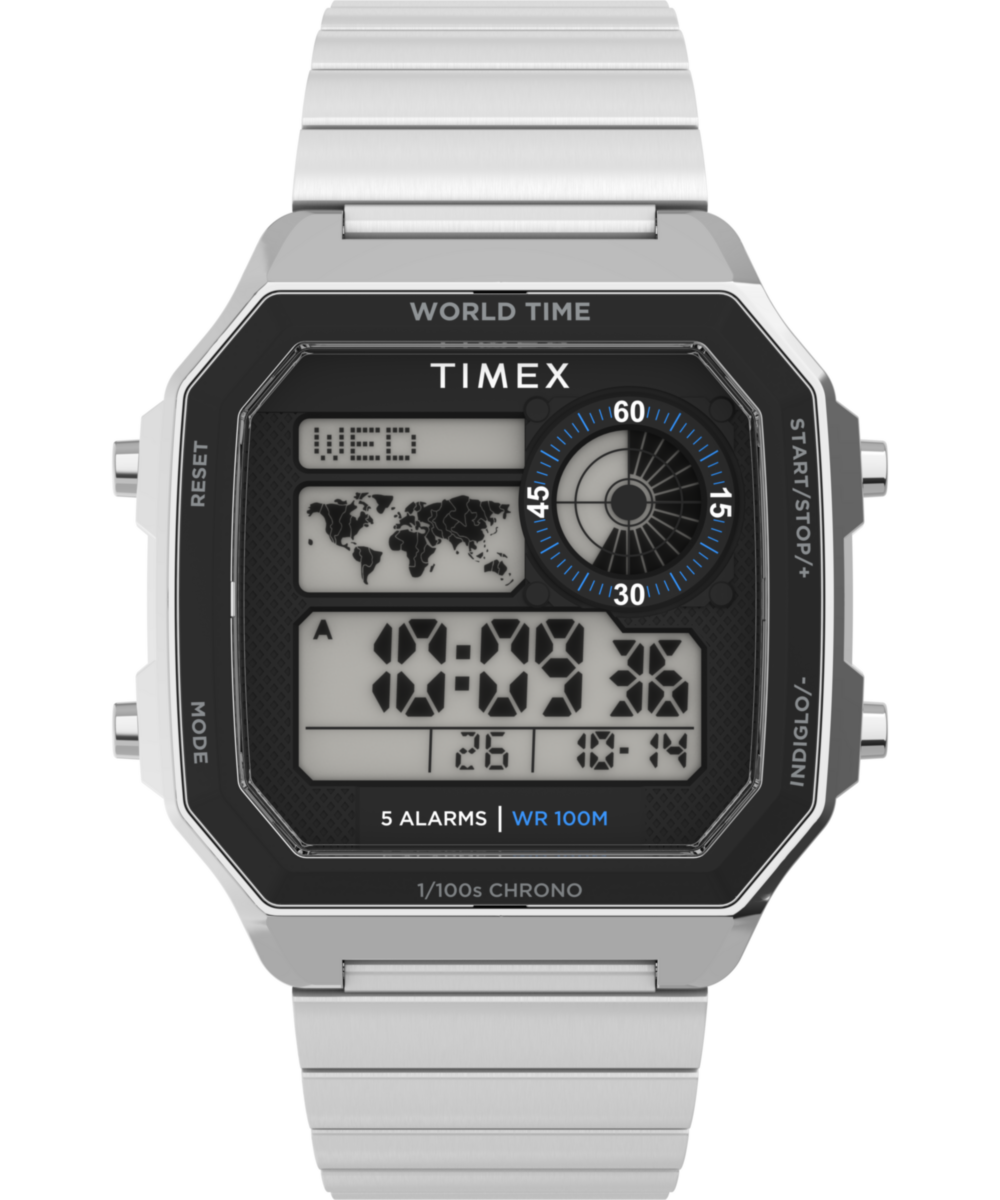 Timex World Time Digital 40mm Stainless Steel Bracelet Watch