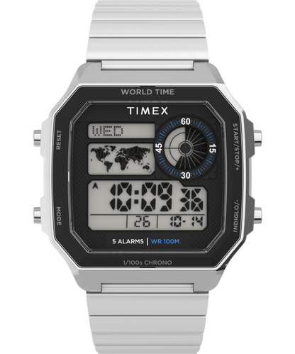 Timex World Time Digital 40mm Stainless Steel Bracelet Watch