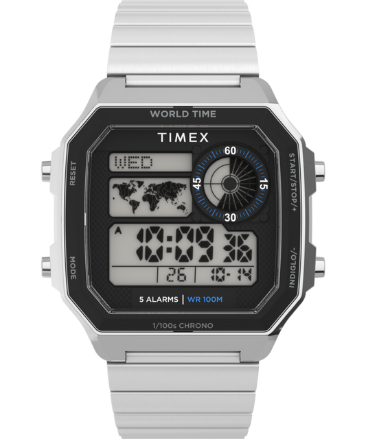 Timex World Time Digital 40mm Stainless Steel Bracelet Watch