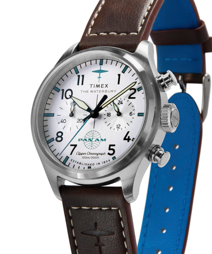 Timex Timex x Pan Am Waterbury Ace Chronograph 41mm Leather Strap Watch