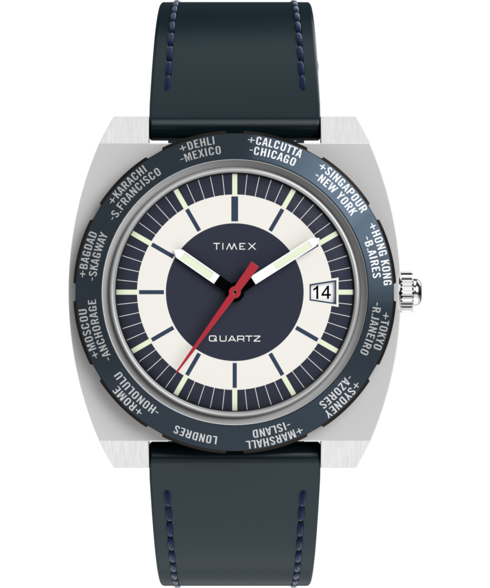 Timex Q Timex 1972 World Time 39mm Leather Strap Watch