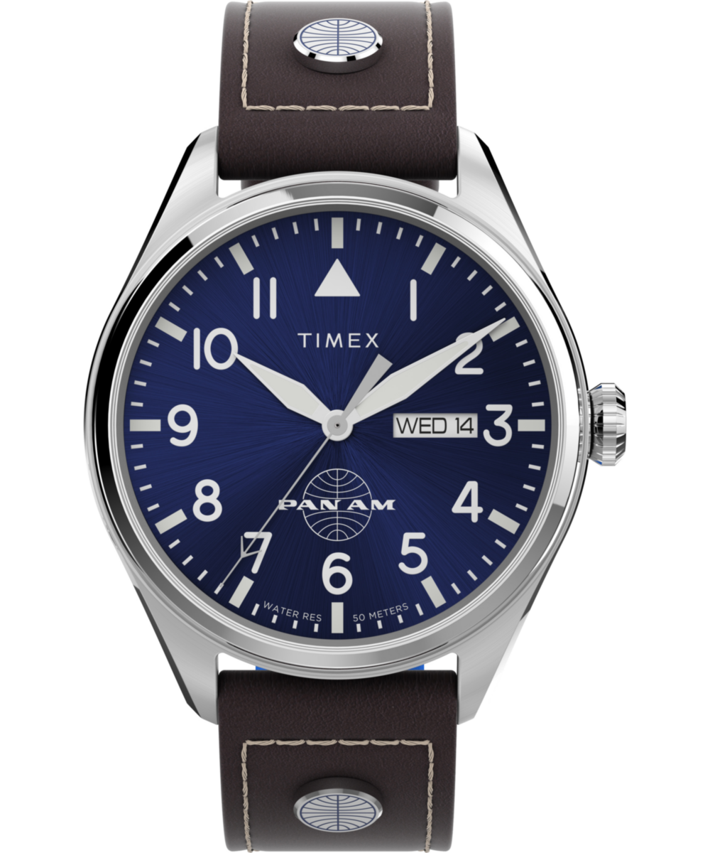 Timex Pan Am x Timex Day-Date 42mm Leather Strap Watch