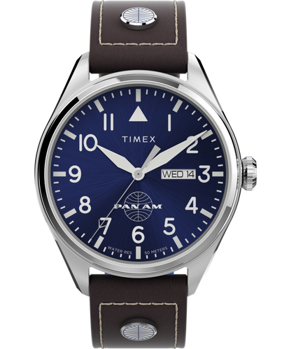 Timex Pan Am x Timex Day-Date 42mm Leather Strap Watch