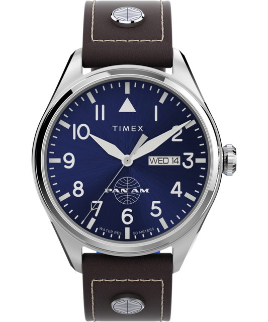 Timex Pan Am x Timex Day-Date 42mm Leather Strap Watch