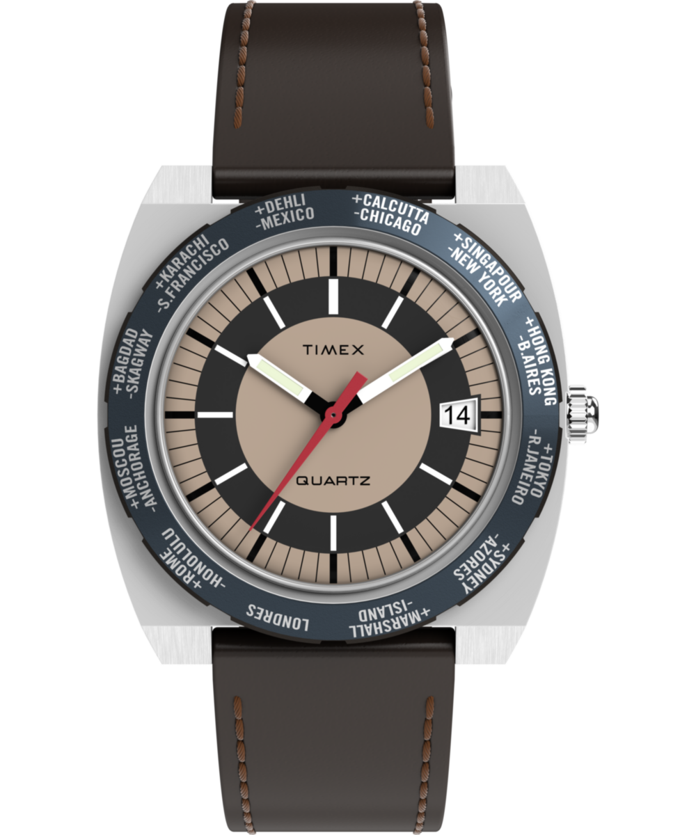 Timex Q Timex 1972 World Time 39mm Leather Strap Watch