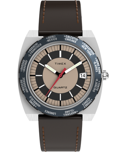 Timex Q Timex 1972 World Time 39mm Leather Strap Watch