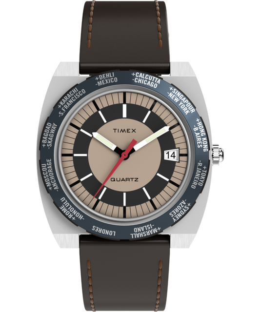 Timex Q Timex 1972 World Time 39mm Leather Strap Watch